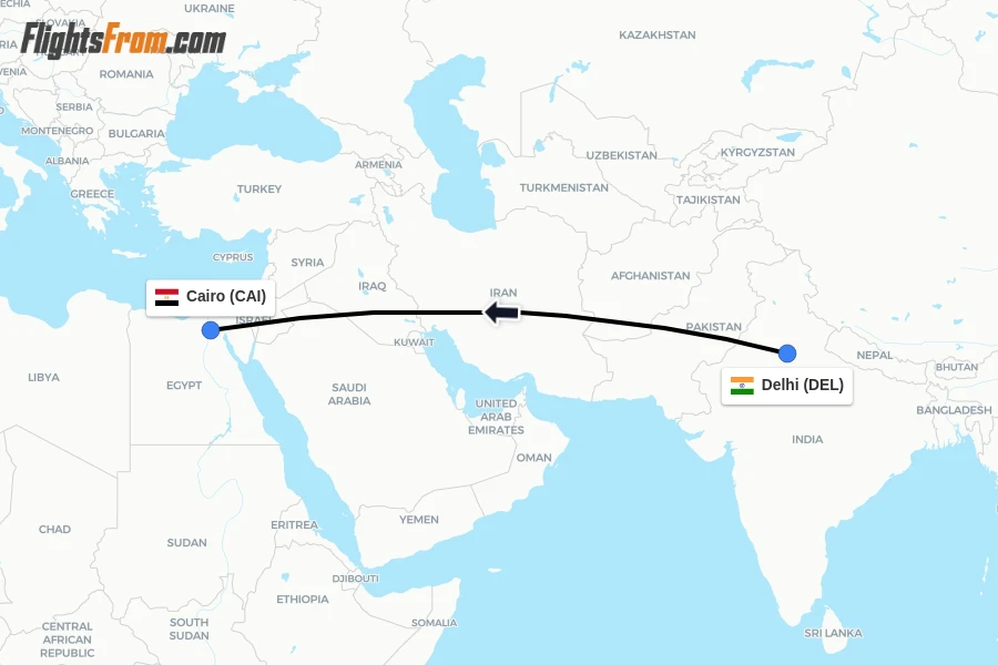 Flights from Delhi to Cairo route map