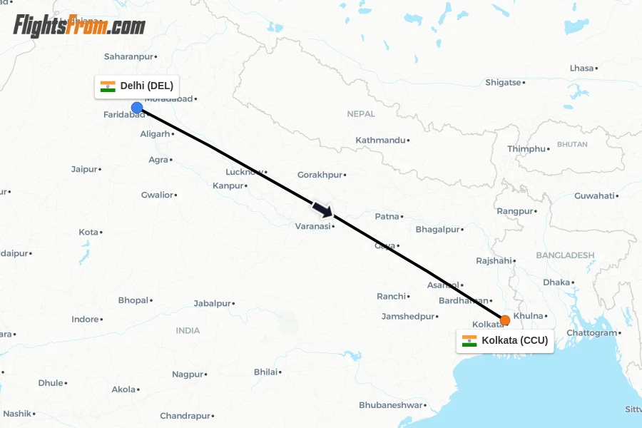Flights from Delhi to Kolkata route map