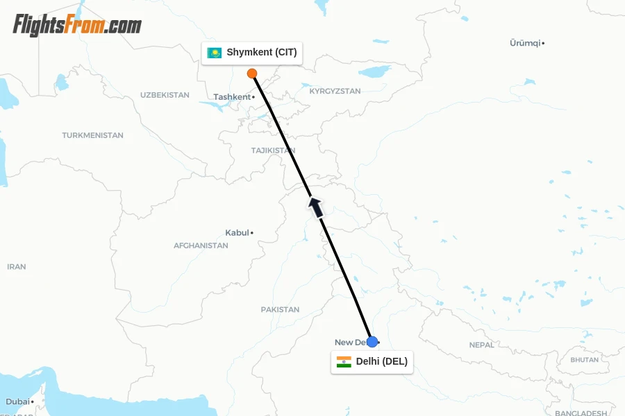 Flights from Delhi to Shymkent route map