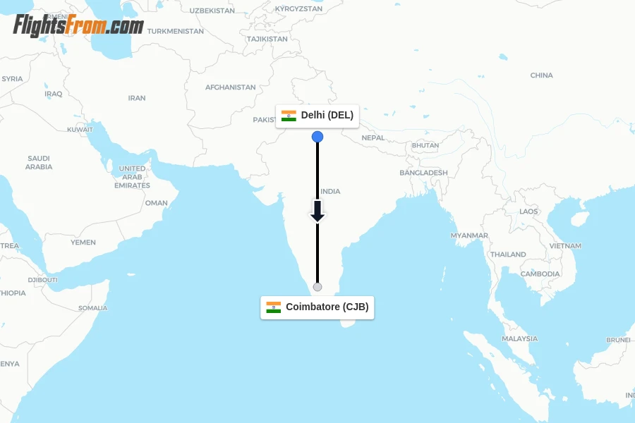 Flights from Delhi to Coimbatore route map