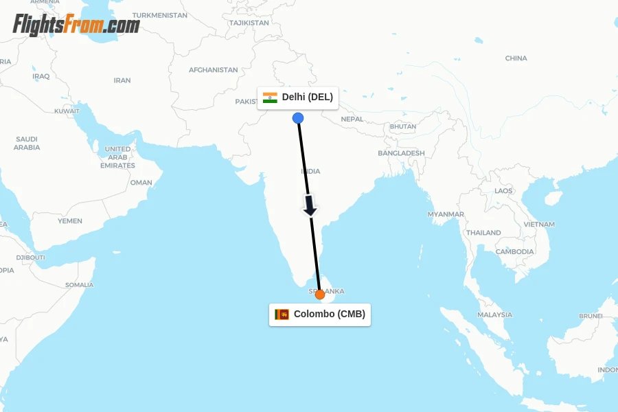 Flights from Delhi to Colombo route map