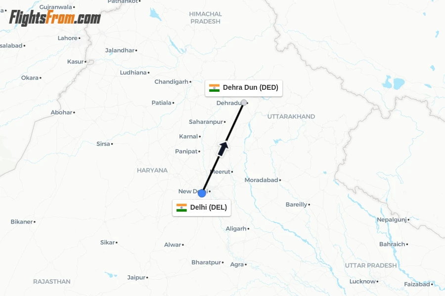 Flights from Delhi to Dehra Dun route map