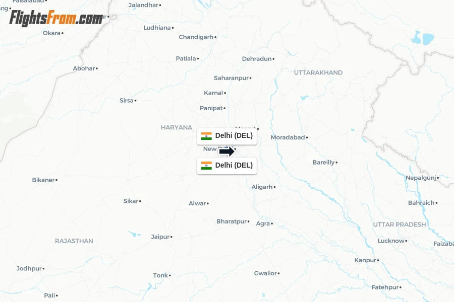 Flights from Delhi to Delhi route map