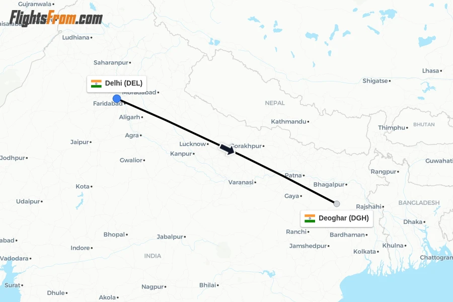 Flights from Delhi to Deoghar route map
