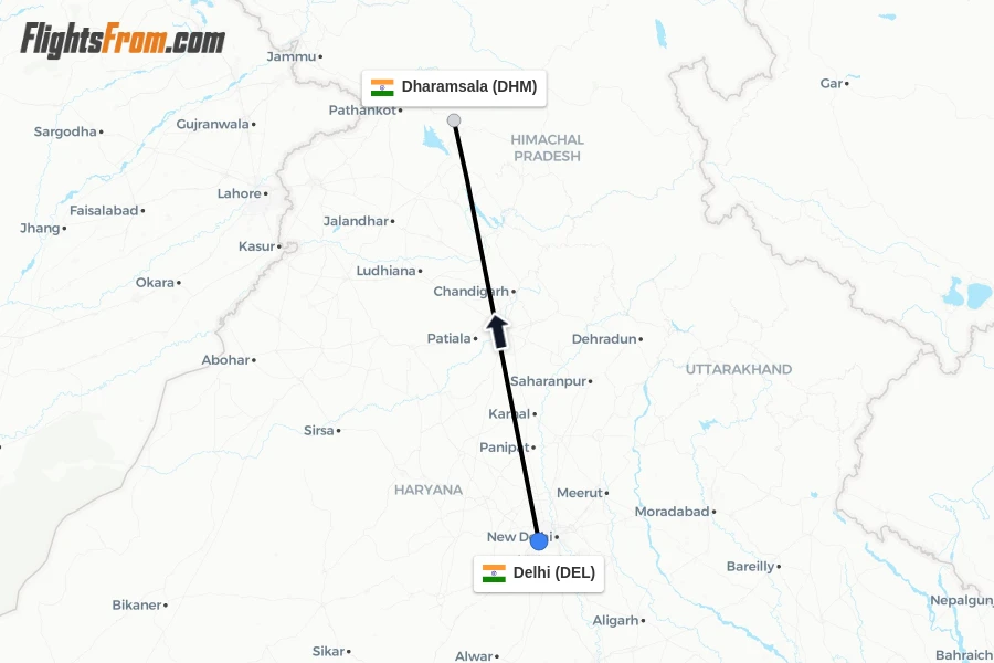 Flights from Delhi to Dharamsala route map