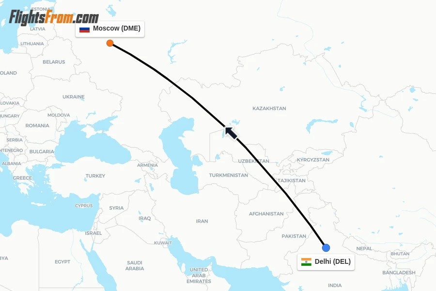 Flights from Delhi to Moscow route map