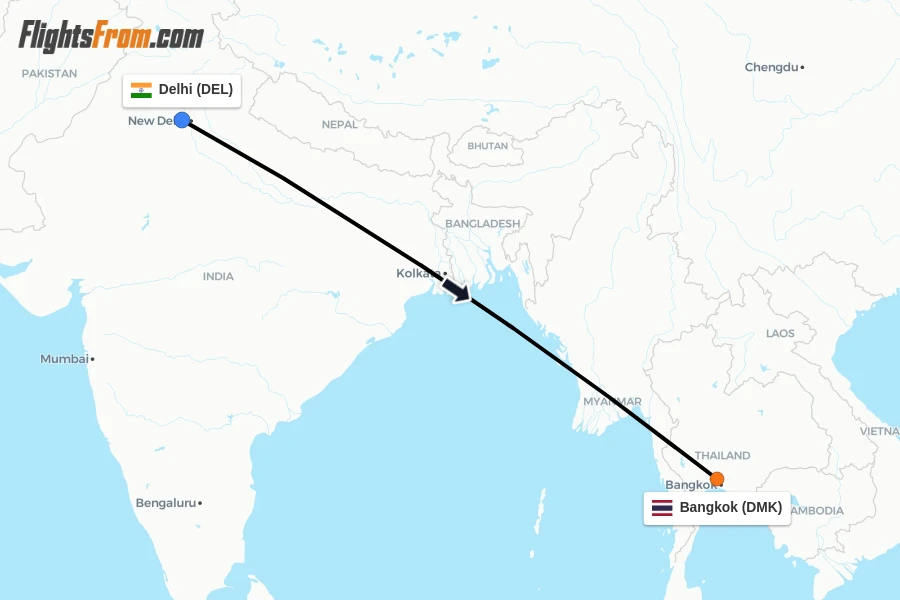 Flights from Delhi to Bangkok route map