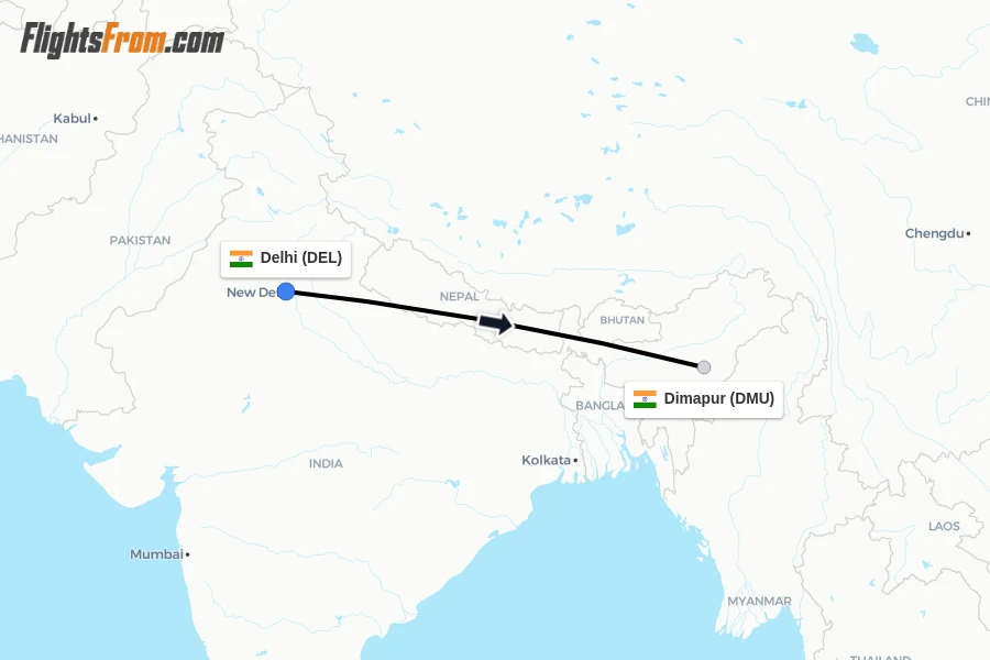 Flights from Delhi to Dimapur route map