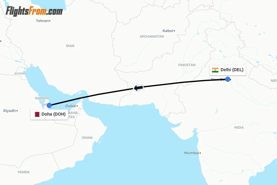 Flights from Delhi to Doha route map