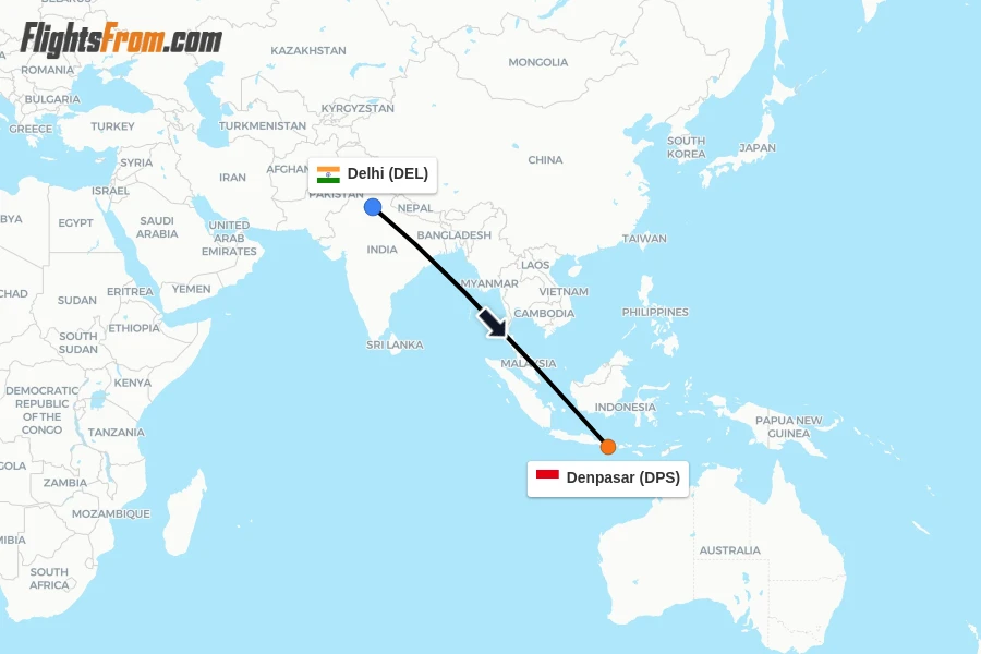 Flights from Delhi to Denpasar route map