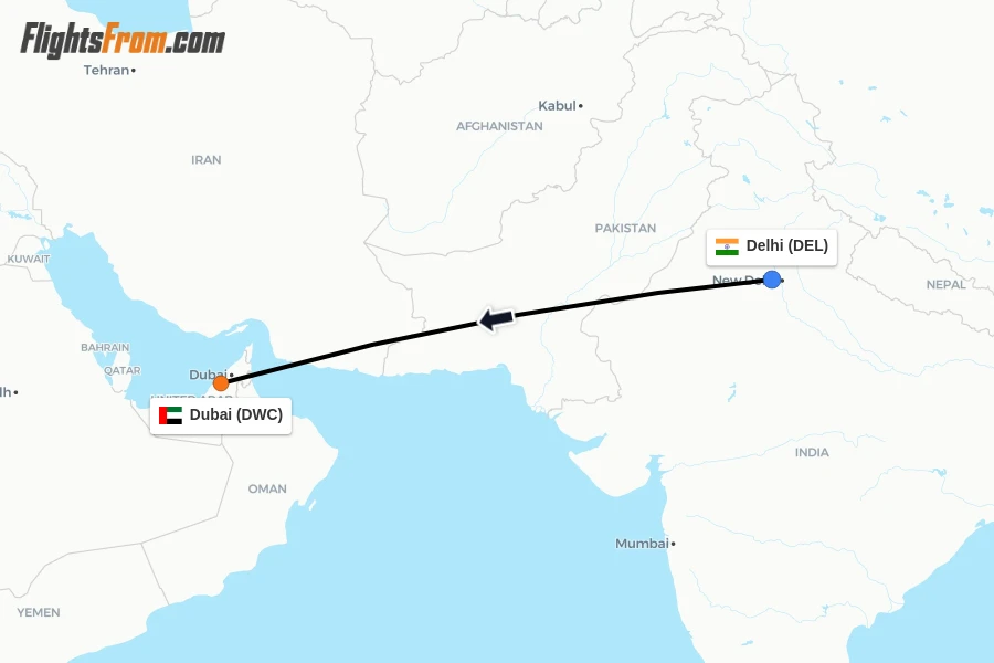 Flights from Delhi to Dubai route map