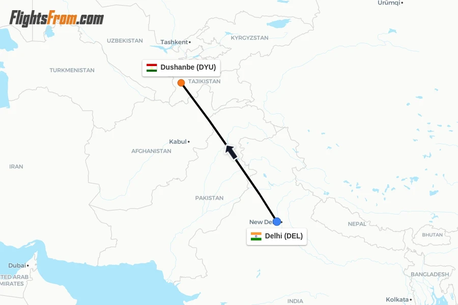 Flights from Delhi to Dushanbe route map