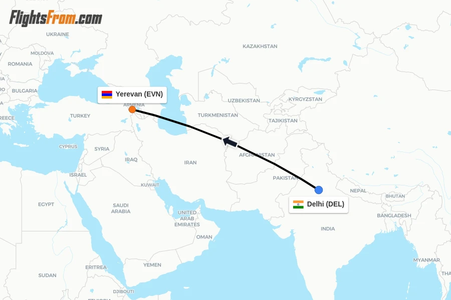 Flights from Delhi to Yerevan route map