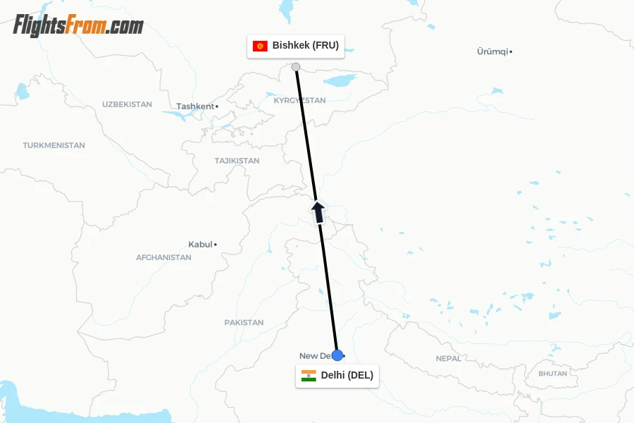 Flights from Delhi to Bishkek route map