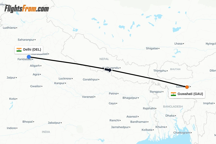 Flights from Delhi to Guwahati route map