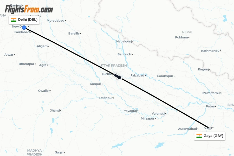 Flights from Delhi to Gaya route map
