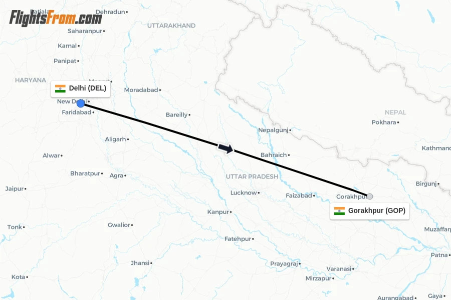 Flights from Delhi to Gorakhpur route map