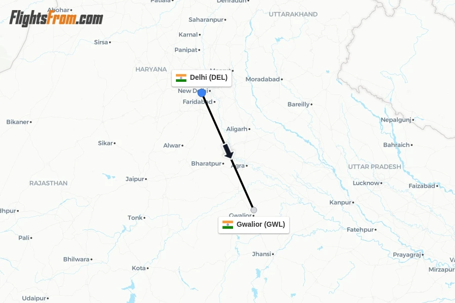 Flights from Delhi to Gwalior route map