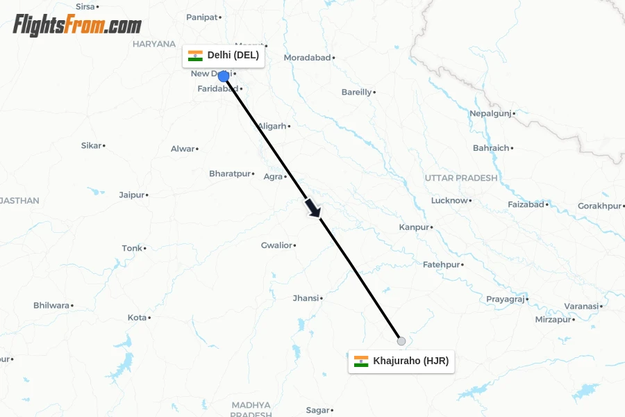 Flights from Delhi to Khajuraho route map