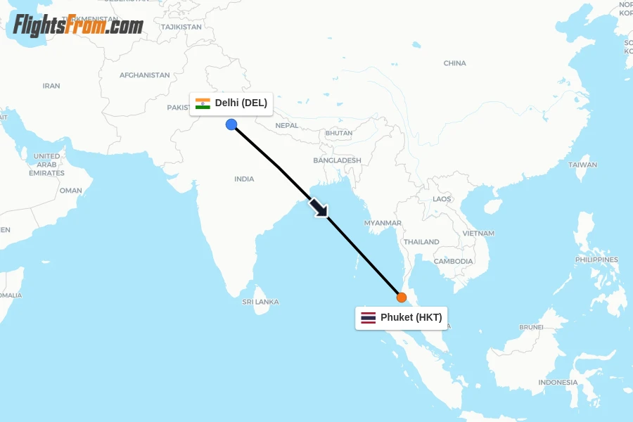 Flights from Delhi to Phuket route map