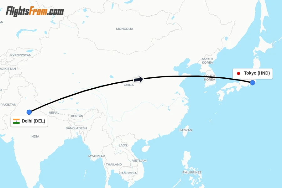 Flights from Delhi to Tokyo route map