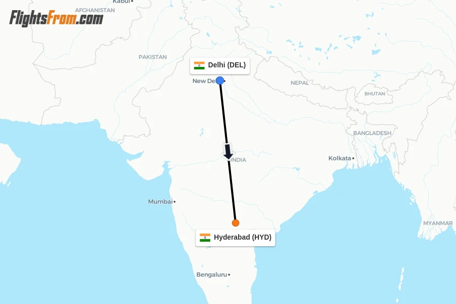 Flights from Delhi to Hyderabad route map