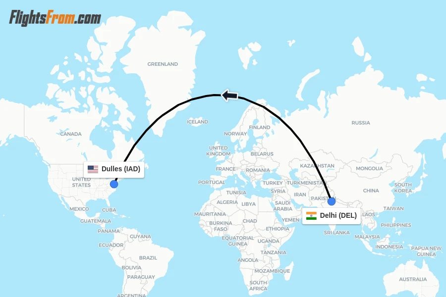 Flights from Delhi to Dulles route map