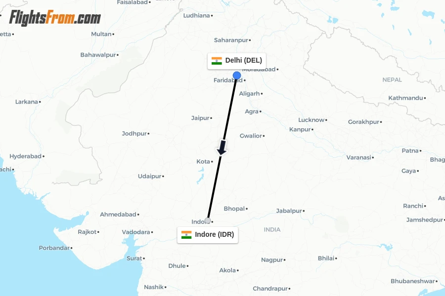 Flights from Delhi to Indore route map