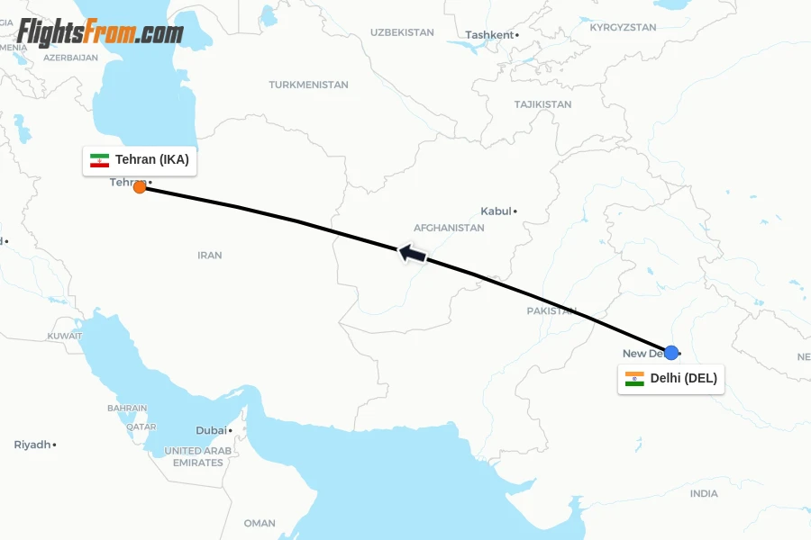 Flights from Delhi to Tehran route map