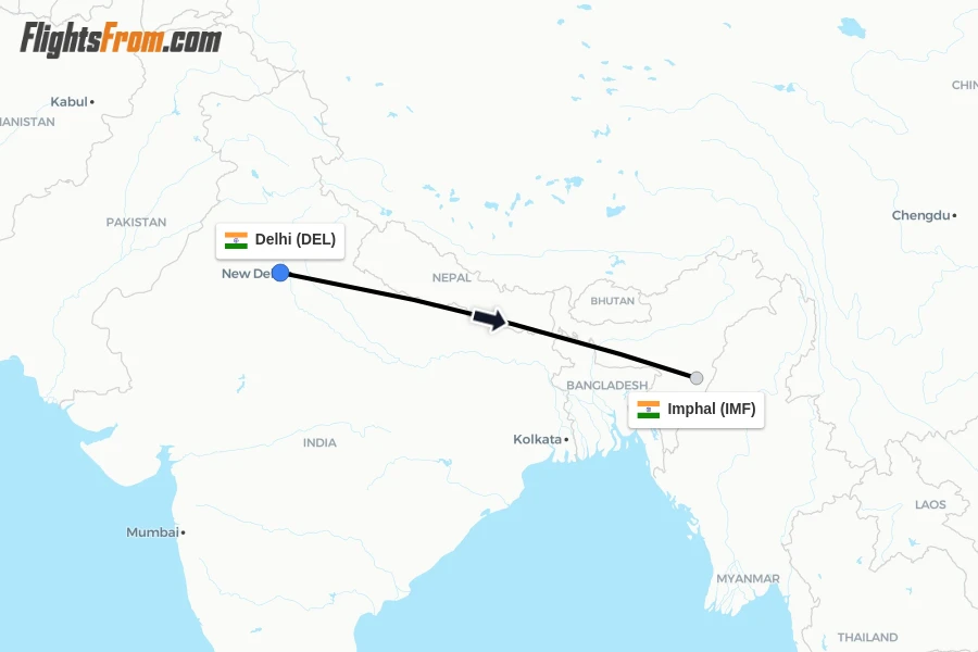 Flights from Delhi to Imphal route map