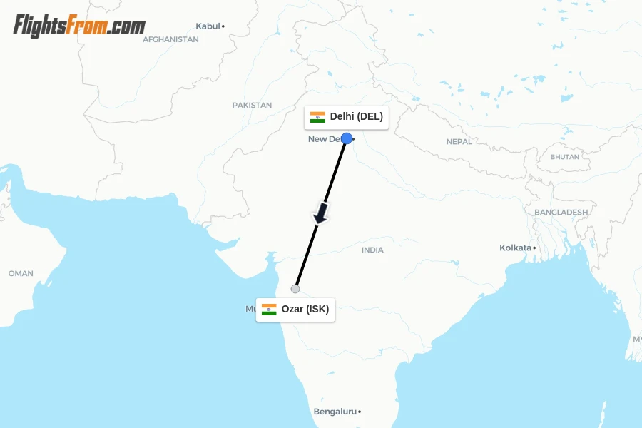 Flights from Delhi to Ozar route map