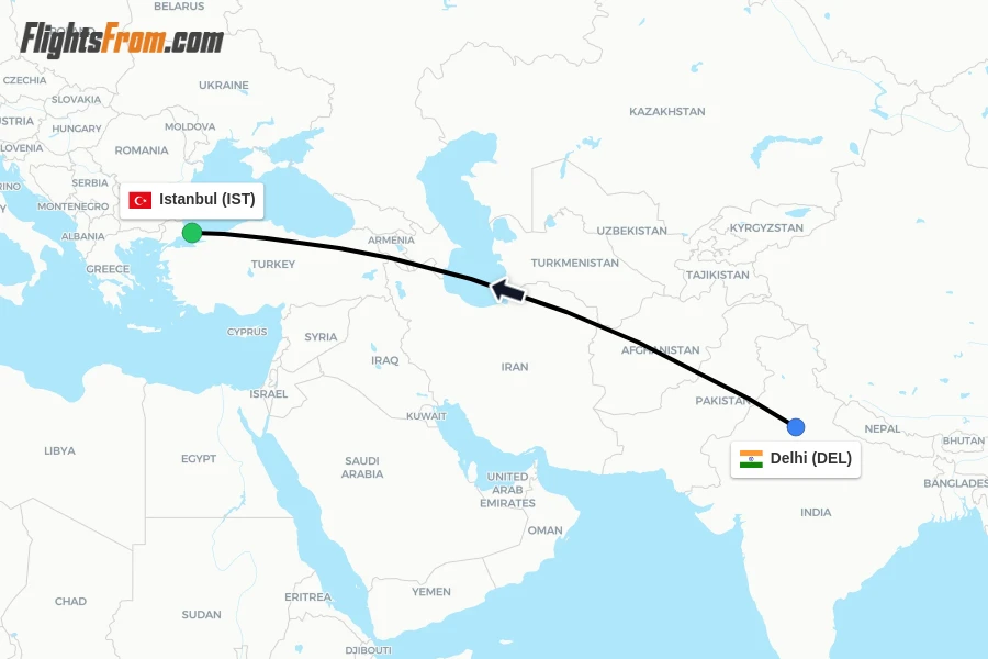 Flights from Delhi to Istanbul route map