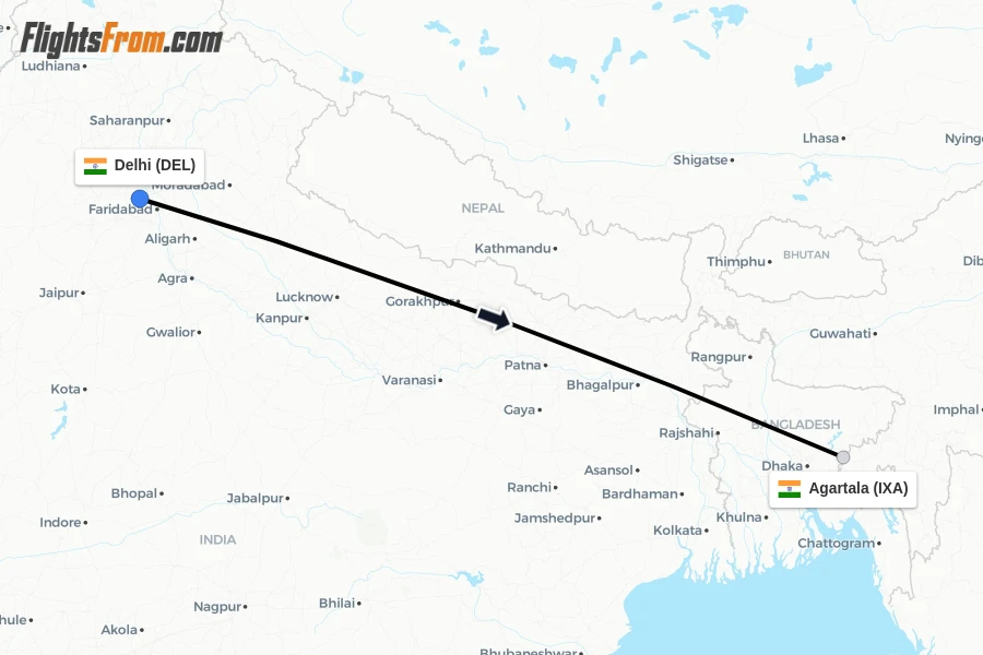 Flights from Delhi to Agartala route map