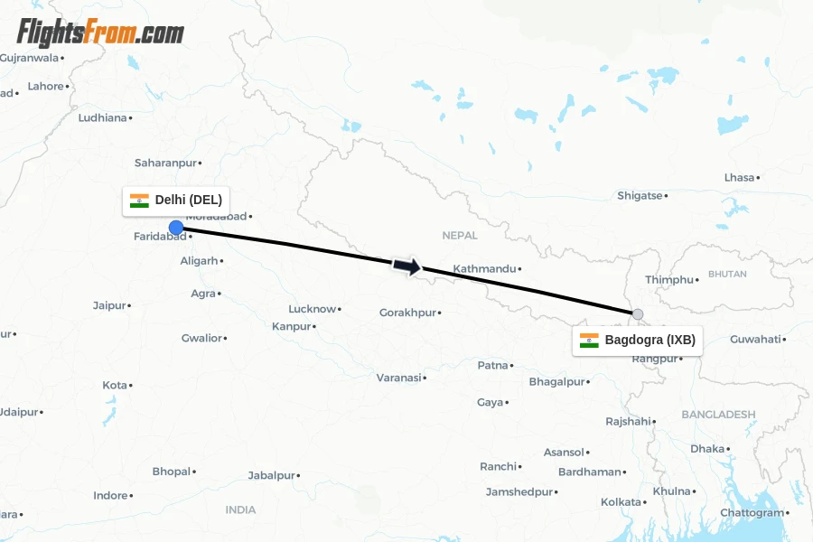 Flights from Delhi to Bagdogra route map