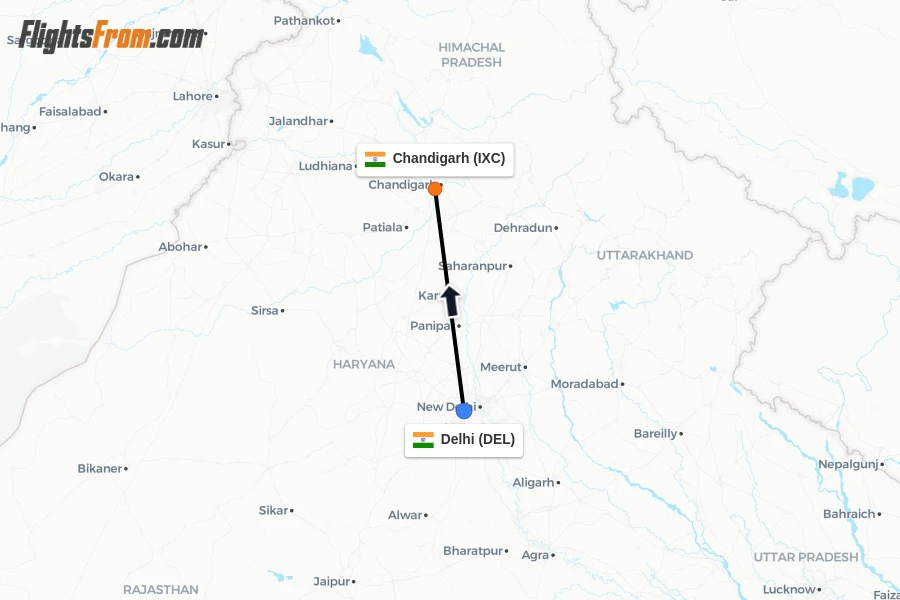 Flights from Delhi to Chandigarh route map