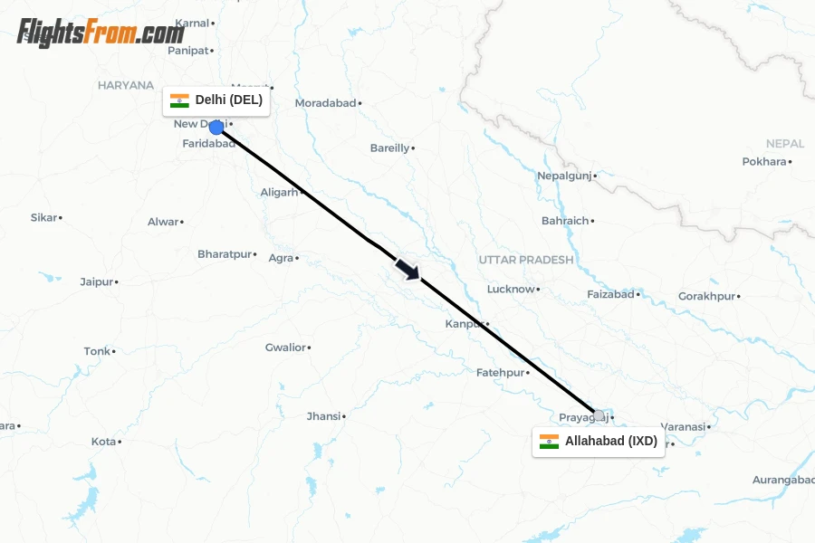 Flights from Delhi to Allahabad route map