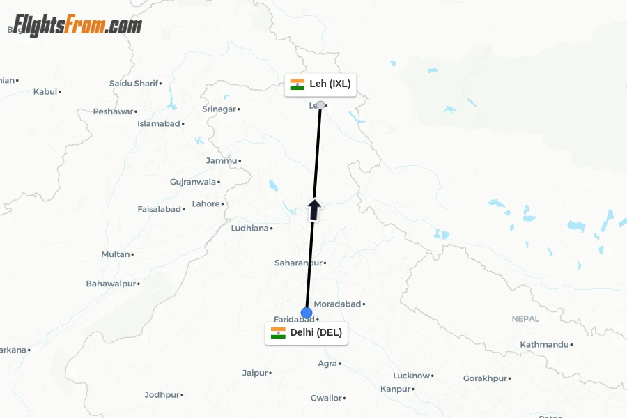 Flights from Delhi to Leh route map