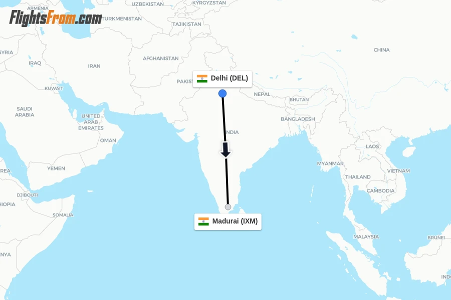 Flights from Delhi to Madurai route map