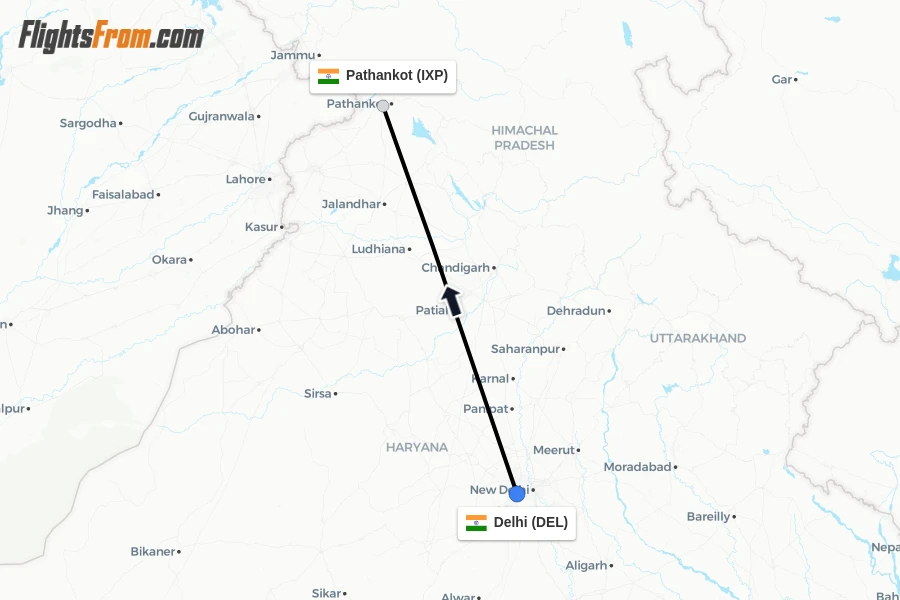 Flights from Delhi to Pathankot route map
