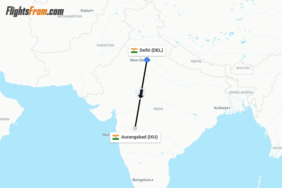 Flights from Delhi to Aurangabad route map