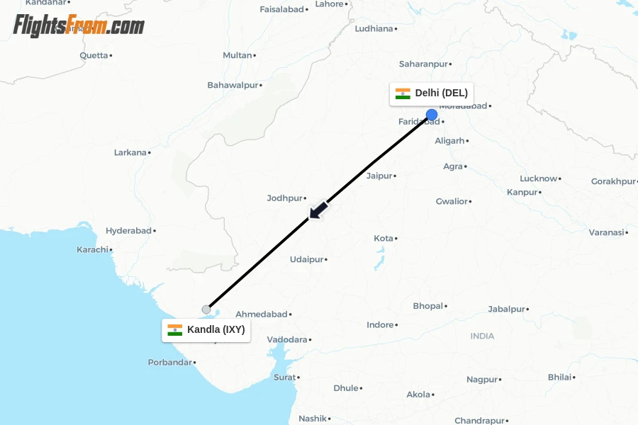 Flights from Delhi to Kandla route map