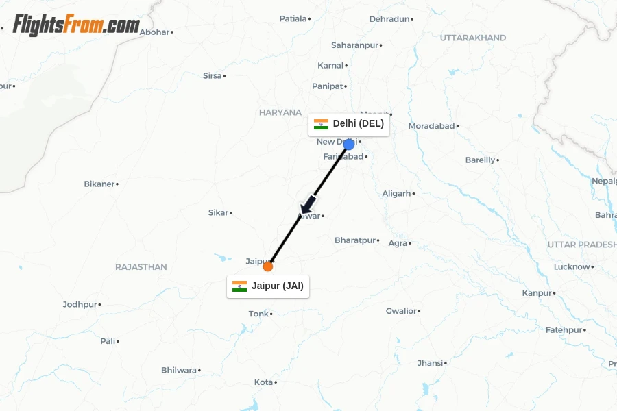 Flights from Delhi to Jaipur route map