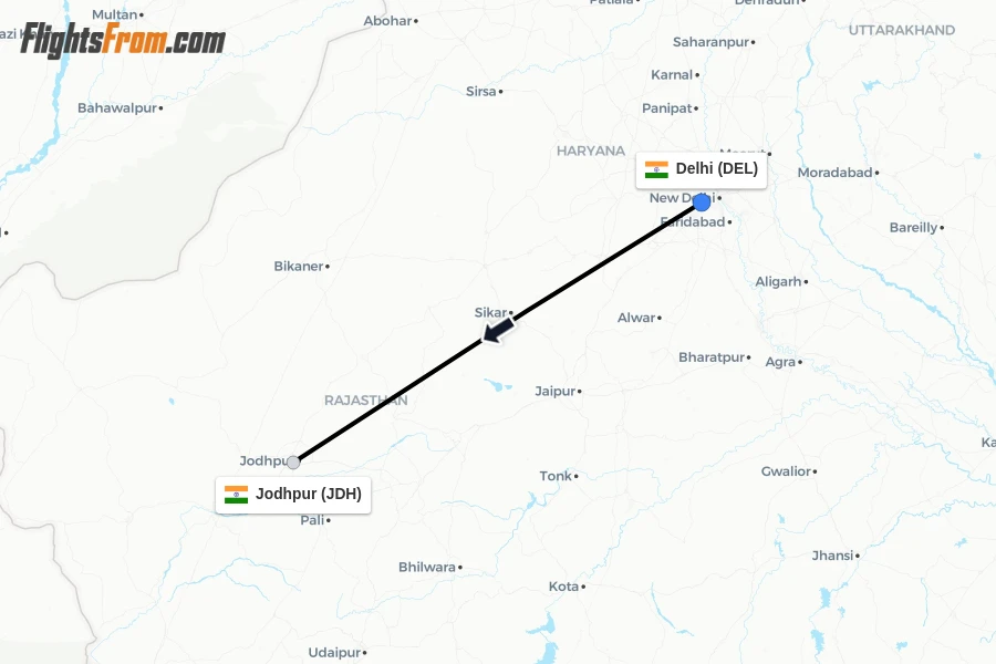Flights from Delhi to Jodhpur route map