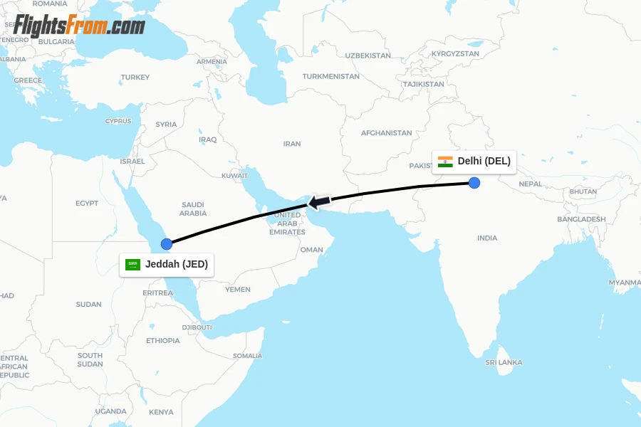 Flights from Delhi to Jeddah route map