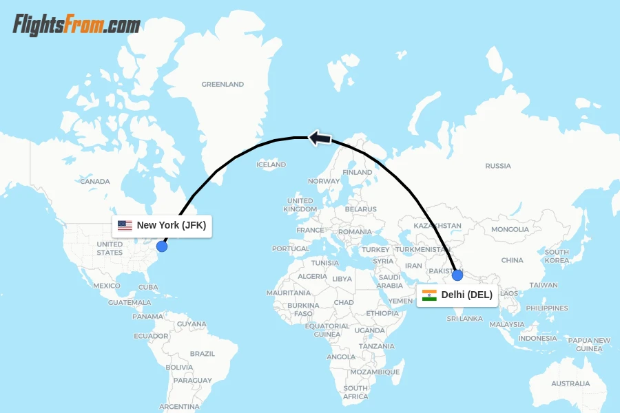 Flights from Delhi to New York route map