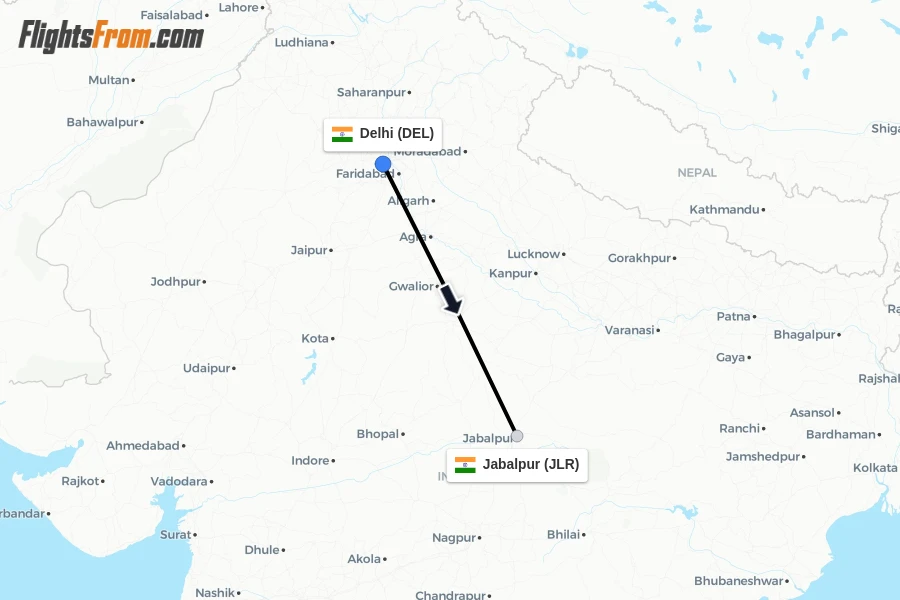 Flights from Delhi to Jabalpur route map