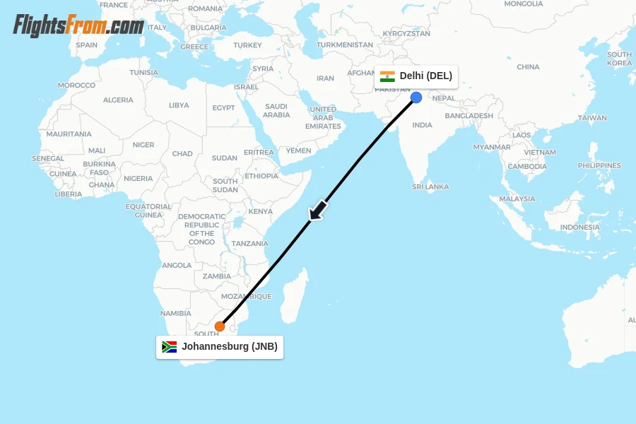 Flights from Delhi to Johannesburg route map