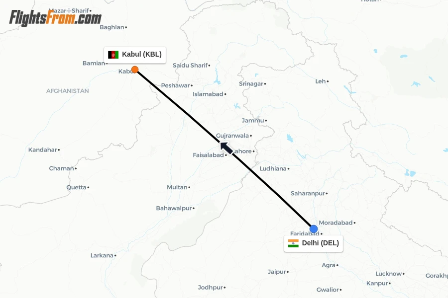 Flights from Delhi to Kabul route map