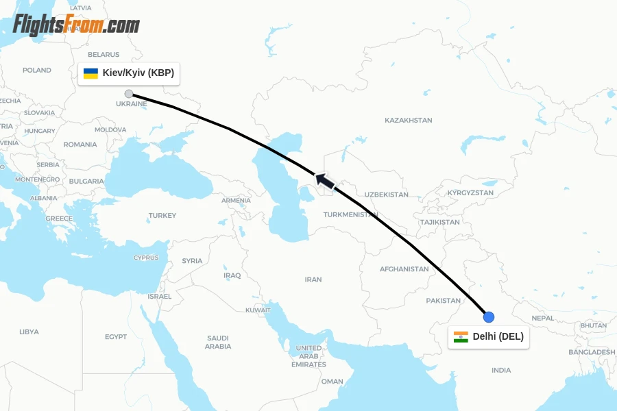 Flights from Delhi to Kiev/Kyiv route map