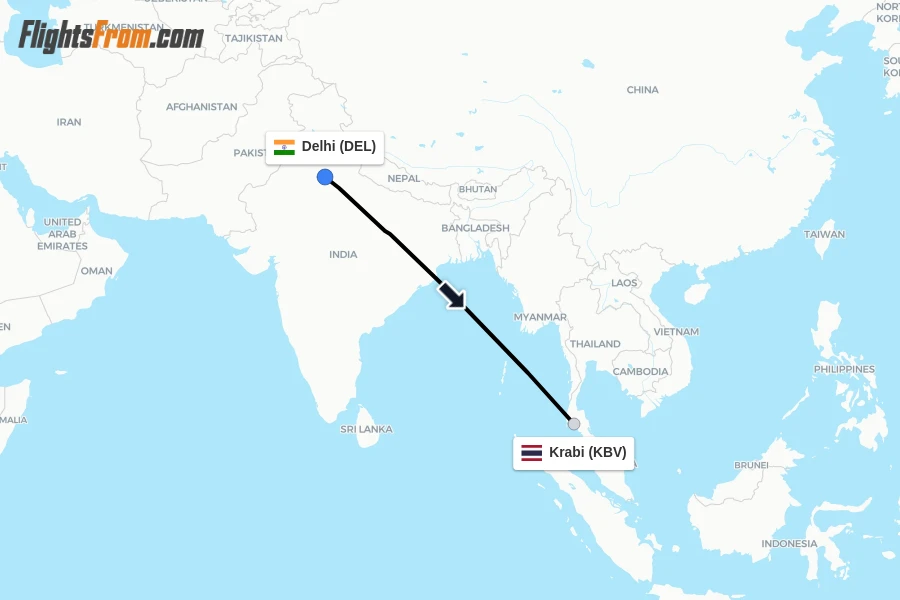 Flights from Delhi to Krabi route map